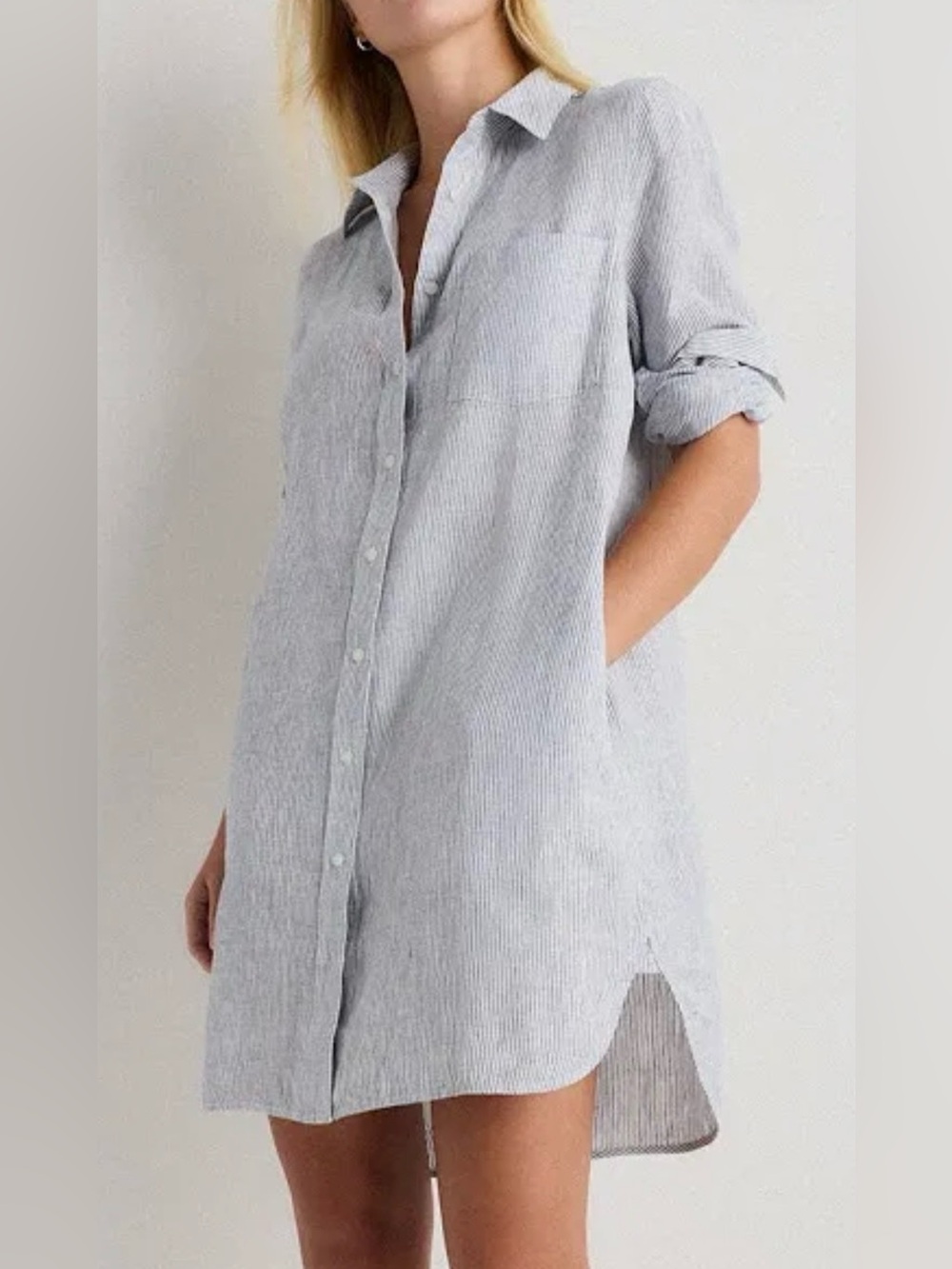 NWT Quince 100% European Linen Shirt Dress in Blue Pinstripe Women’s Size M